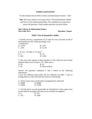ISI Admission Test M.S (LIS) PLB 2015 Sample Paper