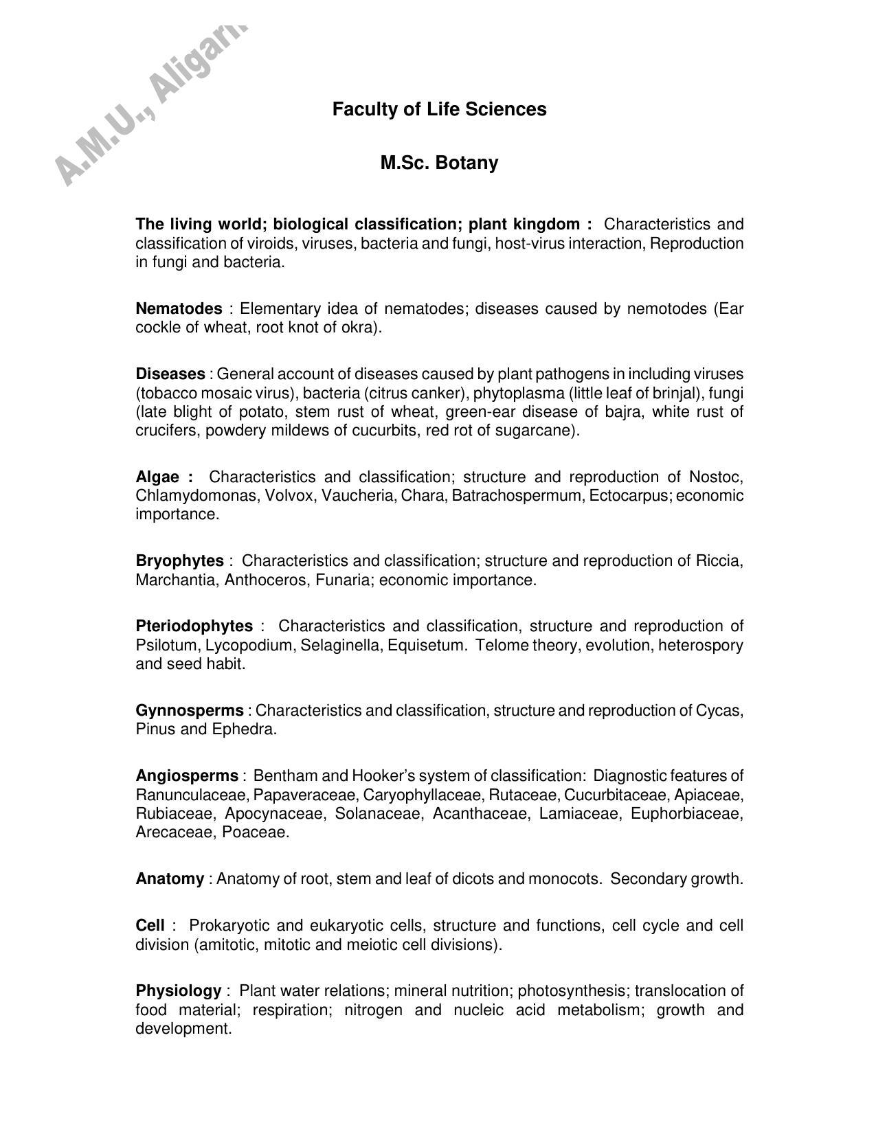 AMU Entrance Exam: M. Sc.(Botany) Syllabus - Page 1