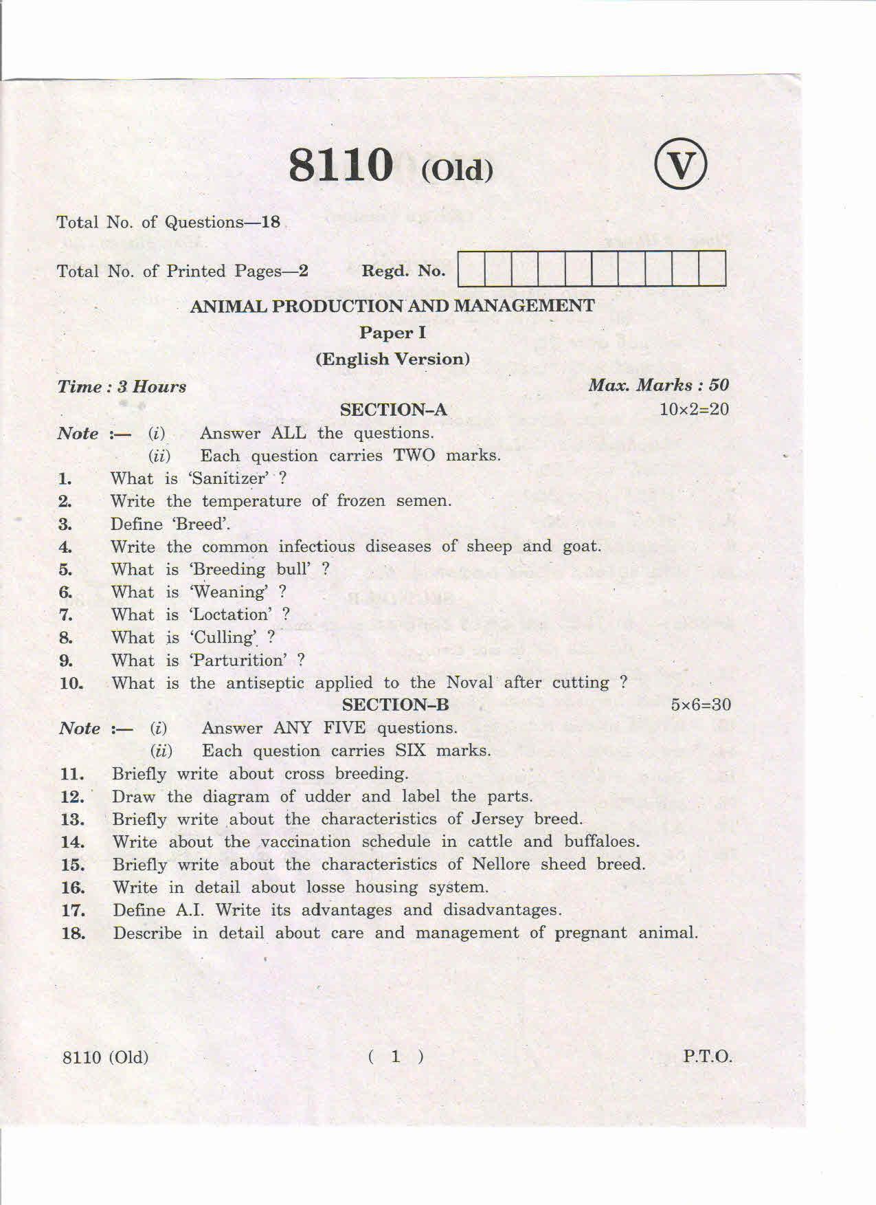 AP Inter. 2nd Year Vocational Question Paper May – 2019 - Animal Production and Management-I(Old) - Page 1