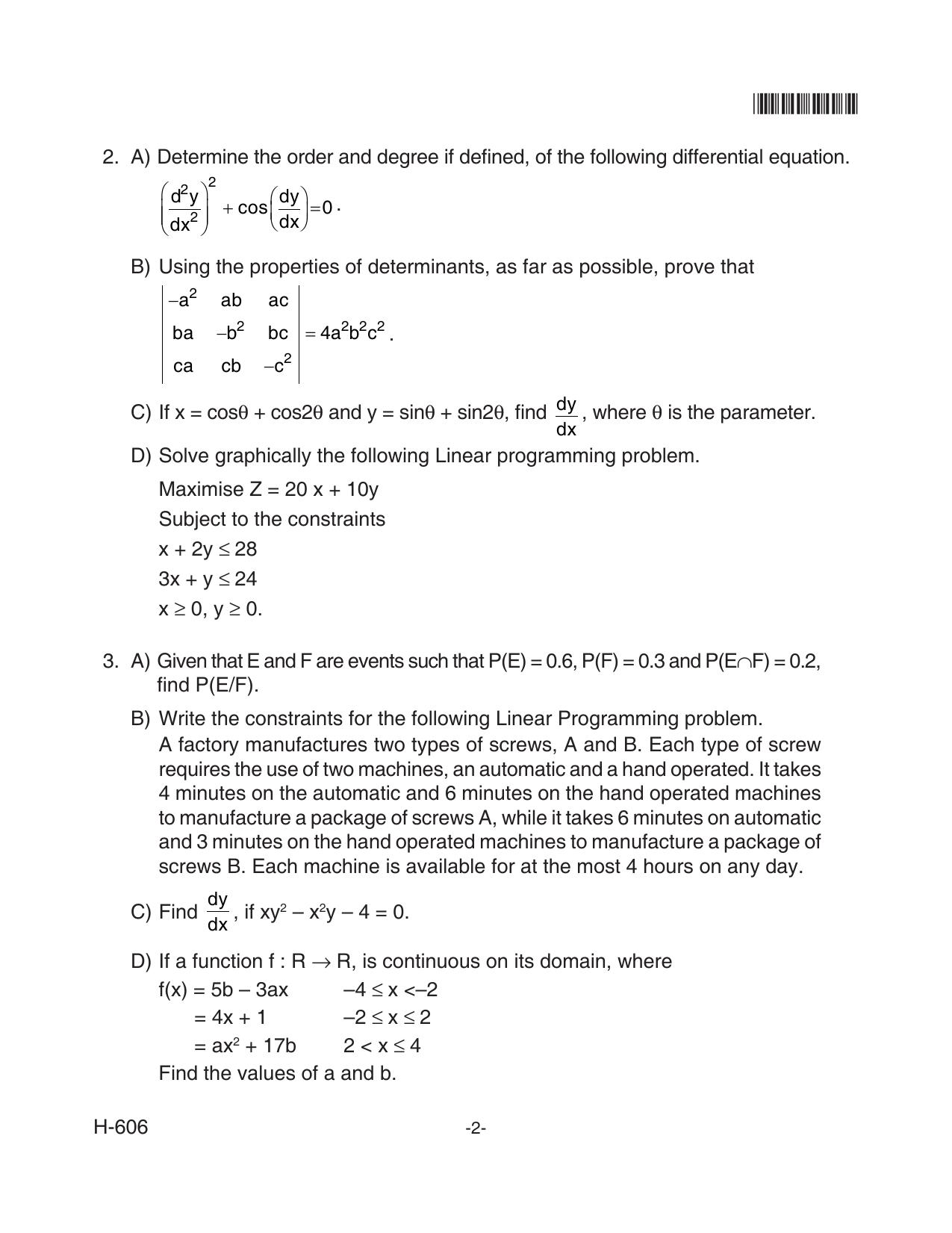 Goa Board Class 12 Mathematics & Statistics  606 Old Pattern (June 2018) Question Paper - Page 2