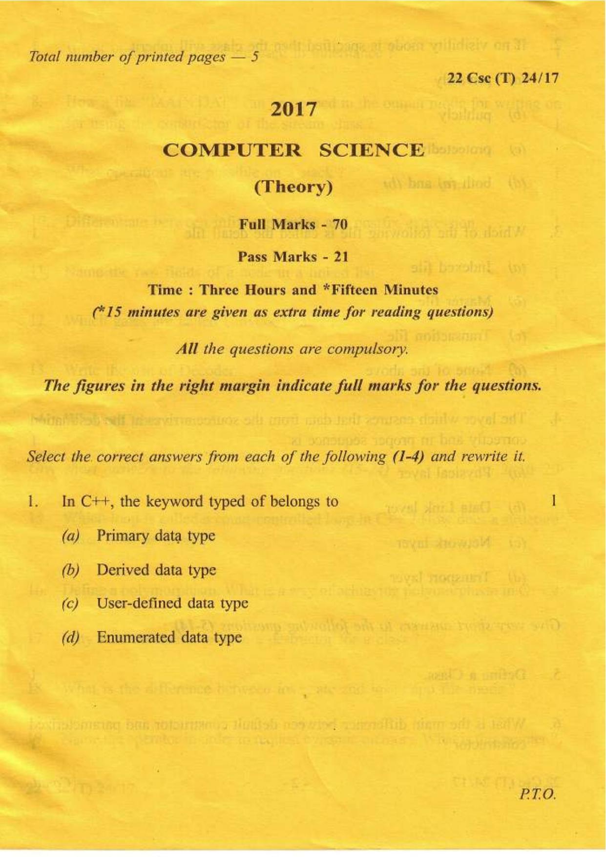 COHSEM Class 12 Computer Science 2017 Question Papers - Page 1
