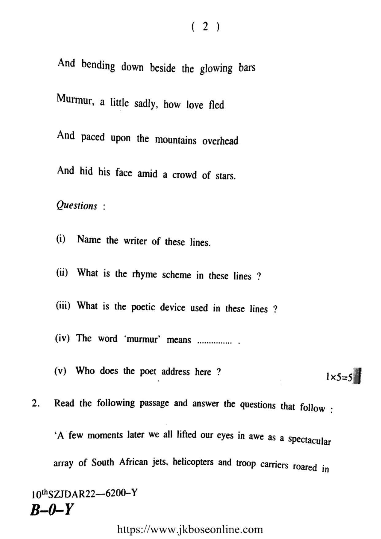 JKBOSE CLASS 10 English (6200-Y) 2022 - Page 2