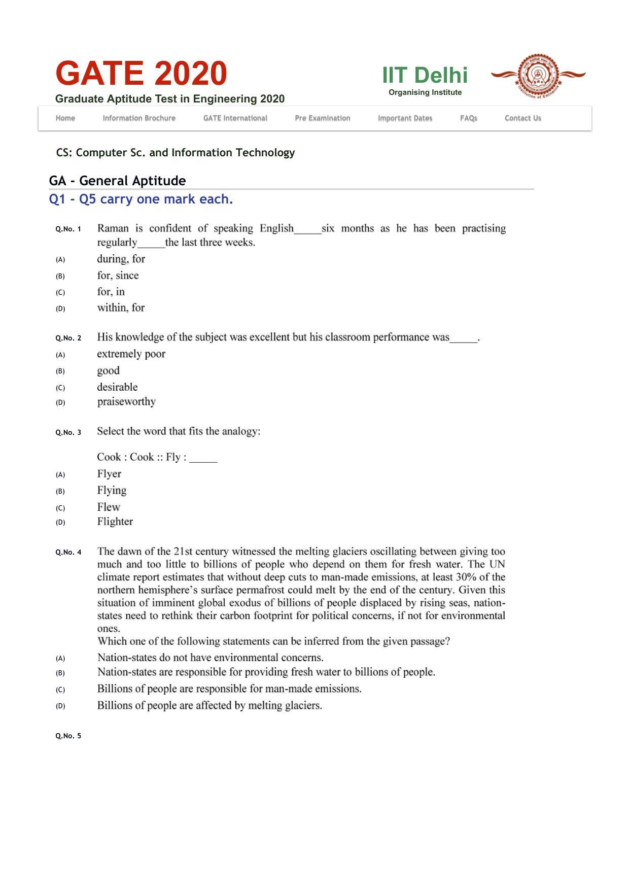 GATE 2020 Computer Science and Information Technology (CS) Question Paper - Page 1