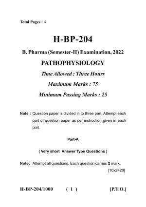 Sarguja University Question Paper - 2022 : Bachelor Of Pharmacy Sem-II Patho-Physiology Paper 1