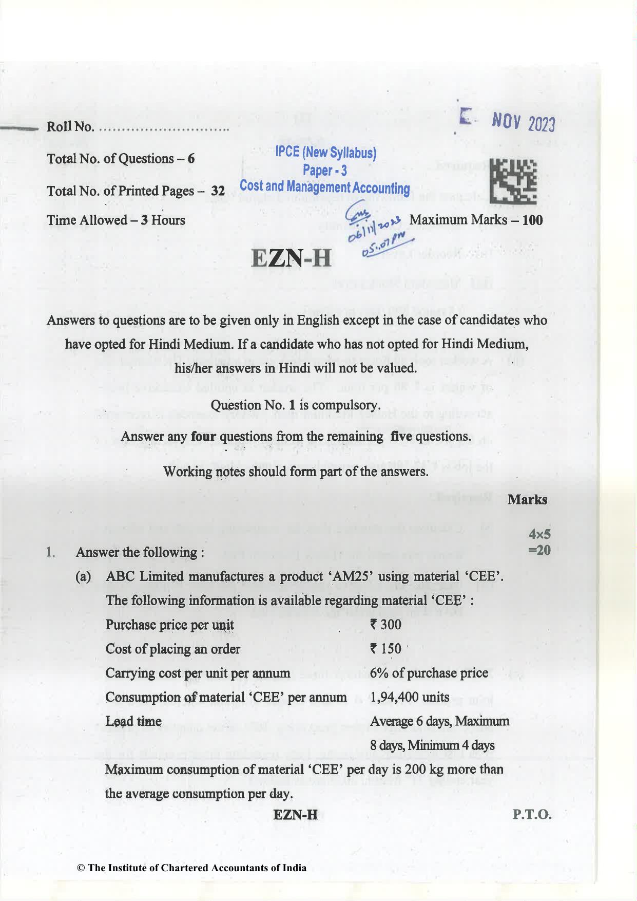 CA Inter Nov 2023 Question Paper - Paper 3 – Cost and Management Accounting - Page 1