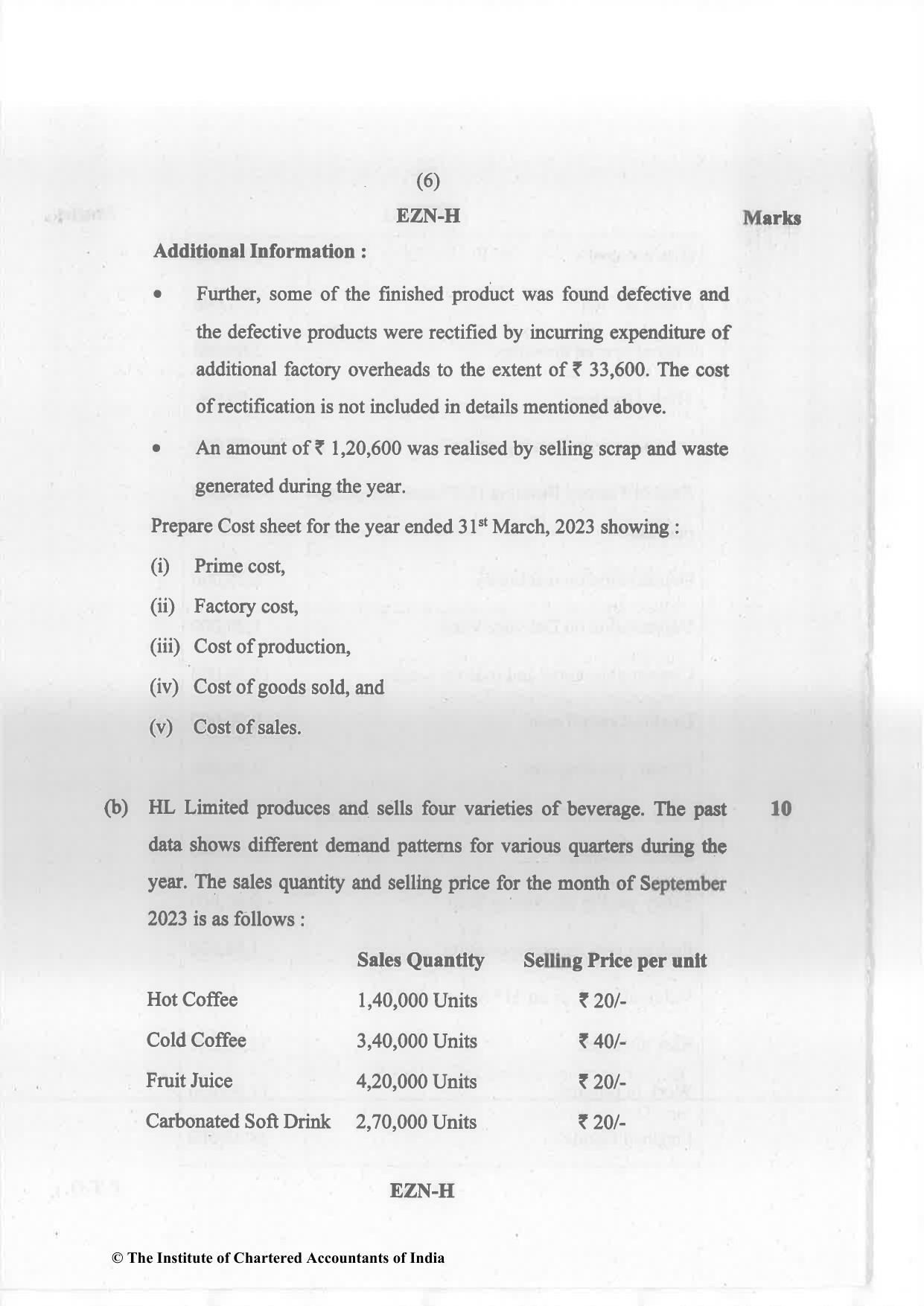 CA Inter Nov 2023 Question Paper - Paper 3 – Cost and Management Accounting - Page 6