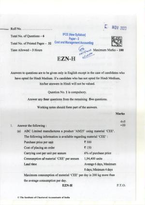 CA Inter Nov 2023 Question Paper - Paper 3 – Cost and Management Accounting