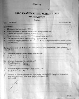 Kerala SSLC 2021 Maths Question Paper