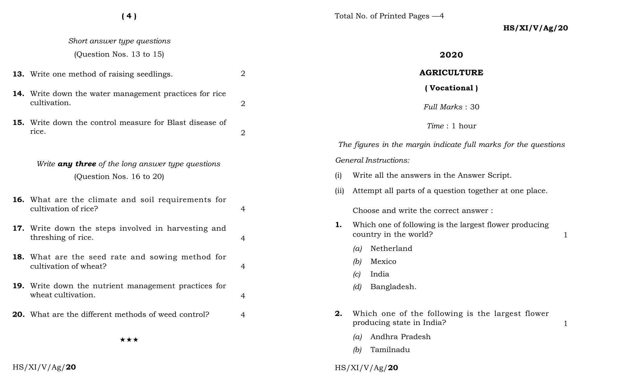Meghalaya Board (MBOSE) Class 11 Agriculture 2020 Question Paper - Page 1