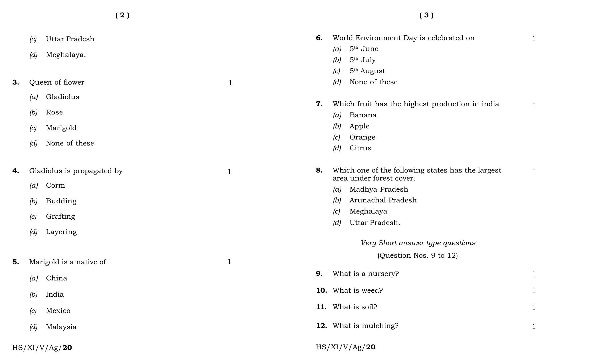 Meghalaya Board (MBOSE) Class 11 Agriculture 2020 Question Paper - Page 2