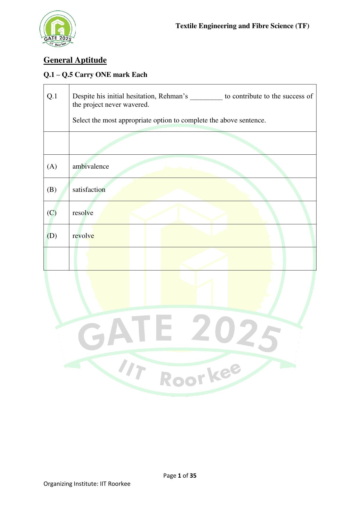 GATE 2025 Textile Engineering and Fibre Science (TF) Question Paper - Page 1