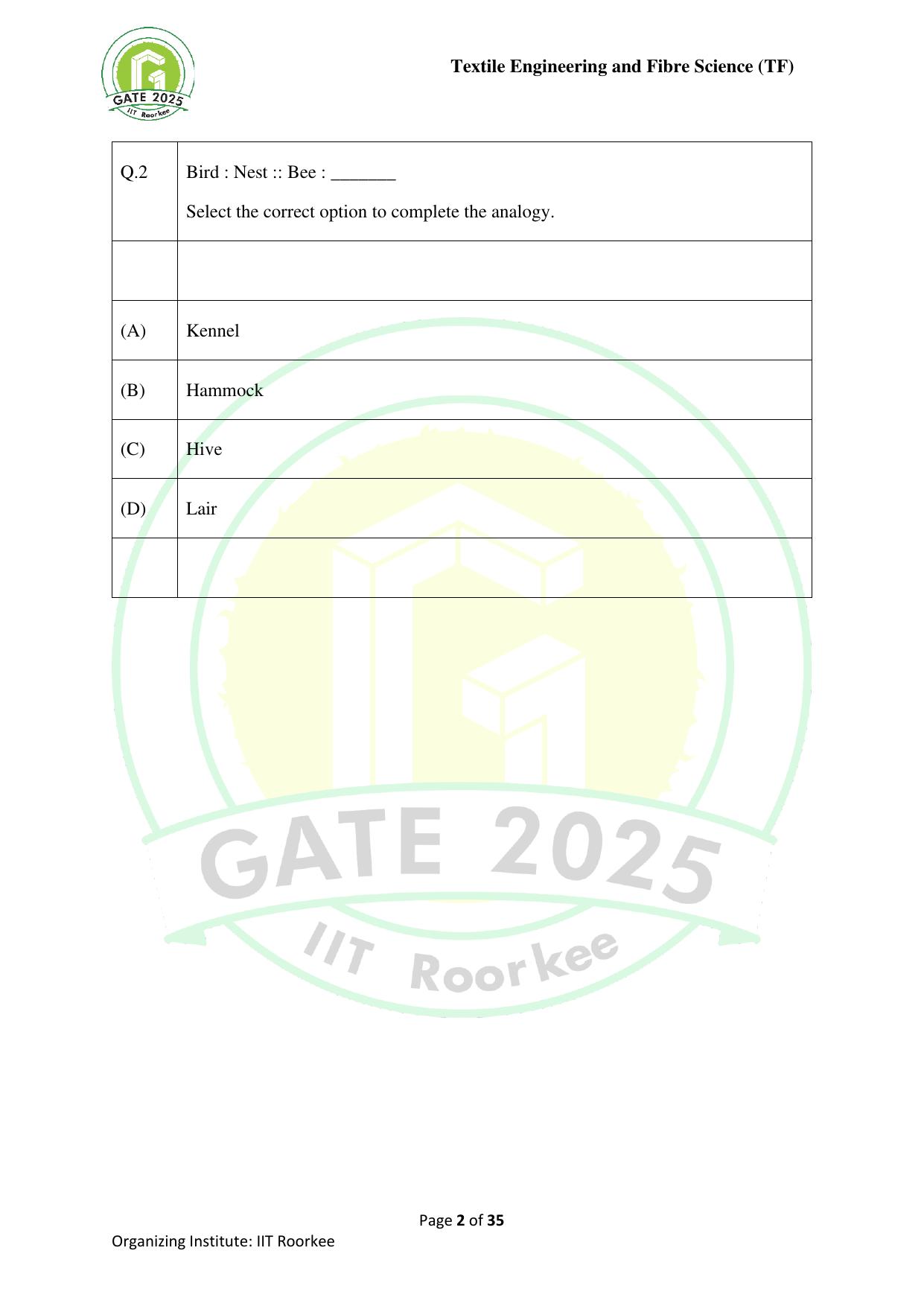 GATE 2025 Textile Engineering and Fibre Science (TF) Question Paper - Page 2