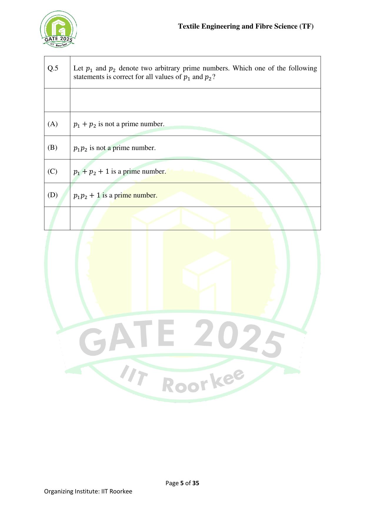 GATE 2025 Textile Engineering and Fibre Science (TF) Question Paper - Page 5