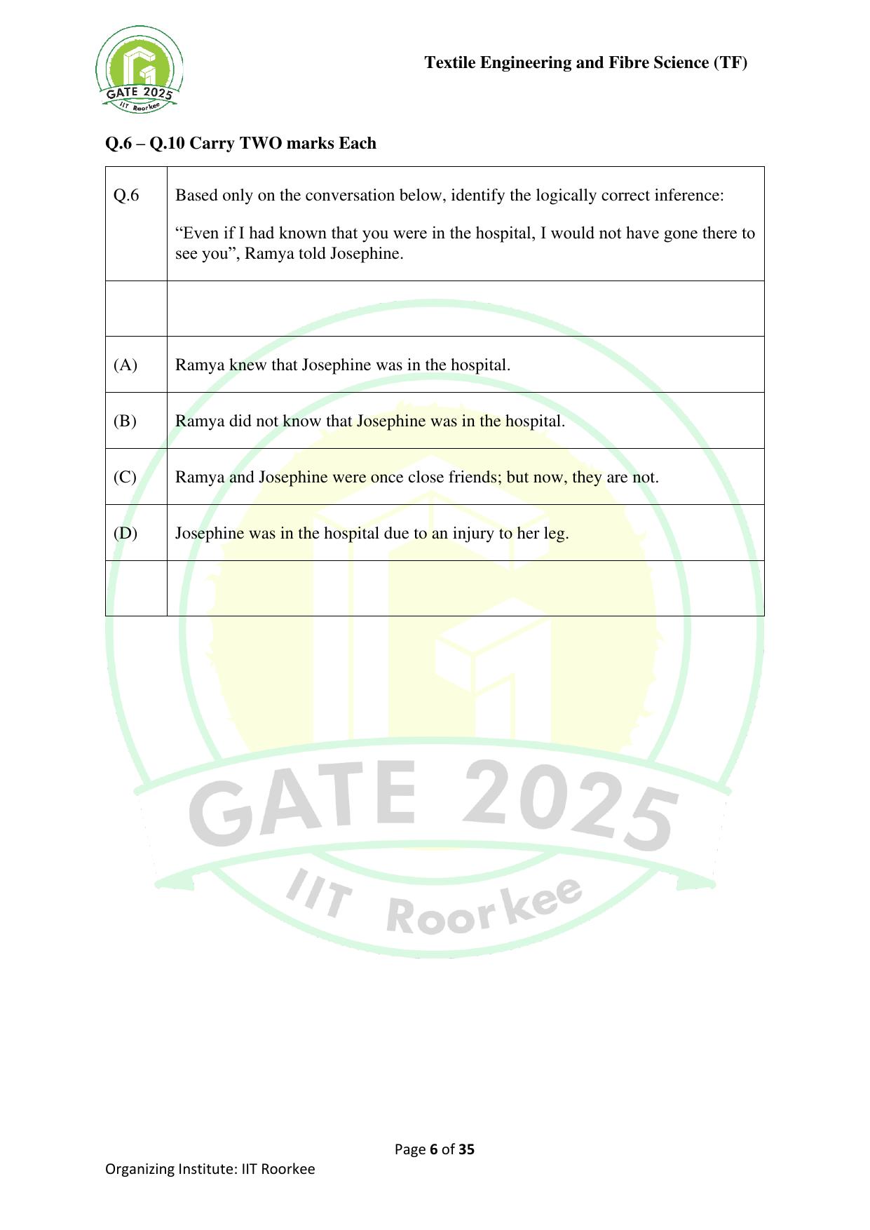 GATE 2025 Textile Engineering and Fibre Science (TF) Question Paper - Page 6