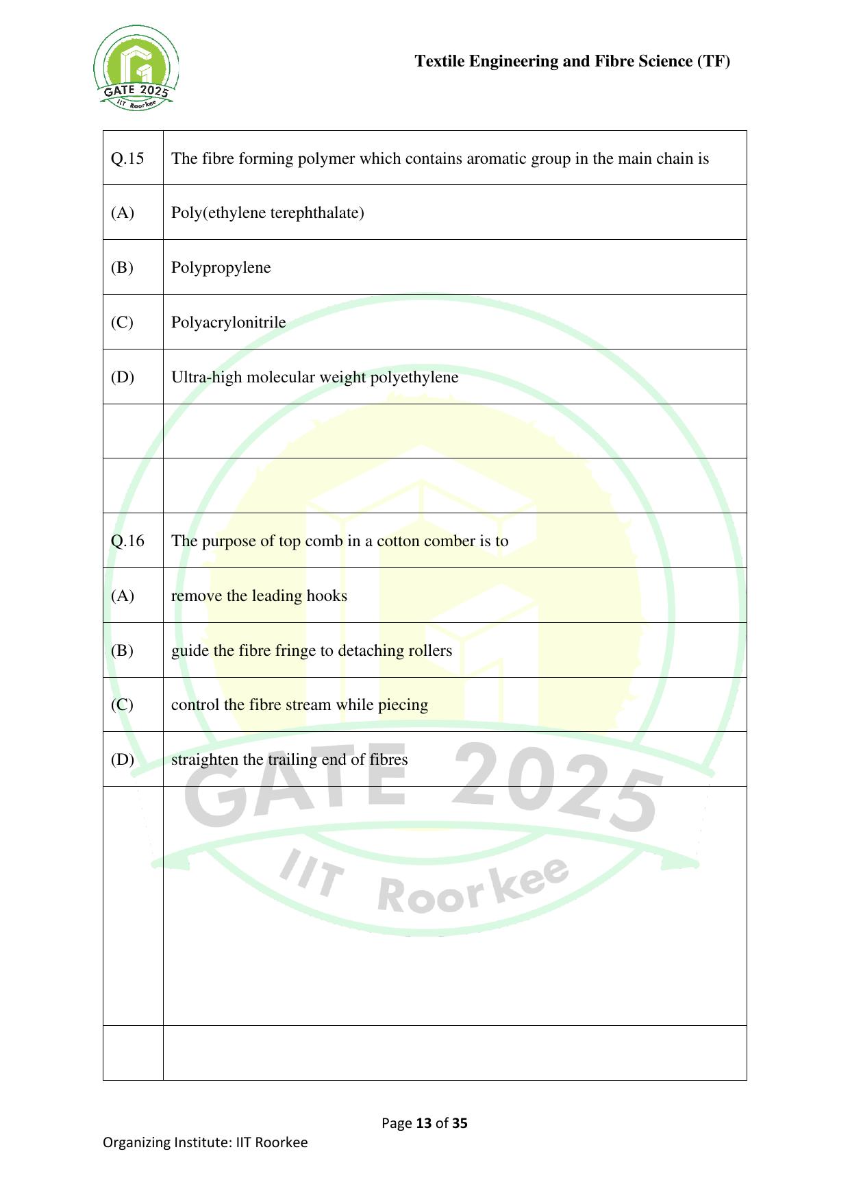 GATE 2025 Textile Engineering and Fibre Science (TF) Question Paper - Page 13