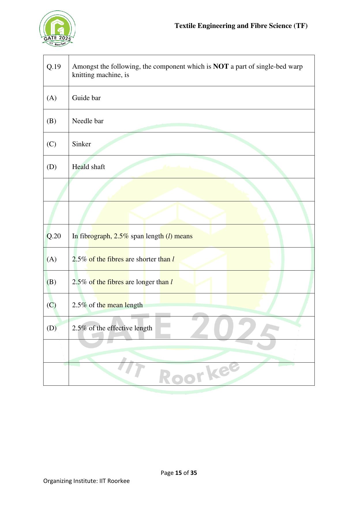 GATE 2025 Textile Engineering and Fibre Science (TF) Question Paper - Page 15
