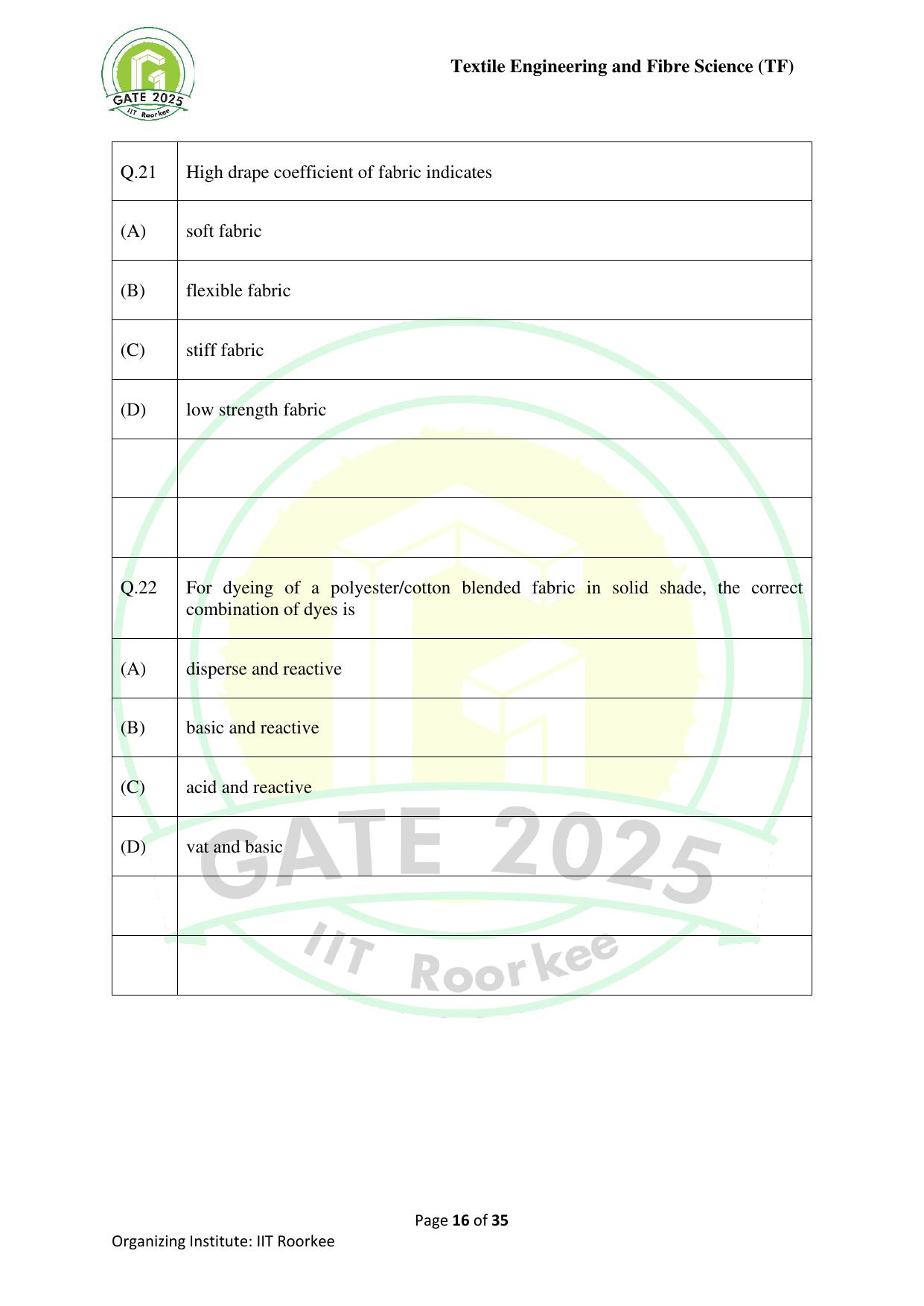 GATE 2025 Textile Engineering and Fibre Science (TF) Question Paper - Page 16