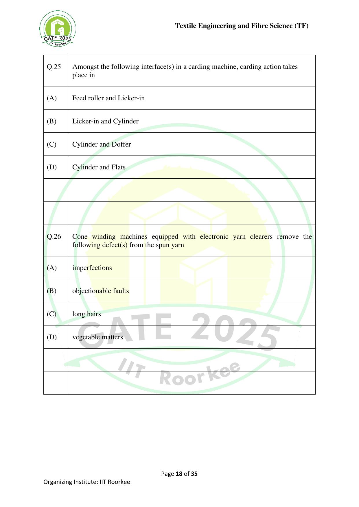 GATE 2025 Textile Engineering and Fibre Science (TF) Question Paper - Page 18