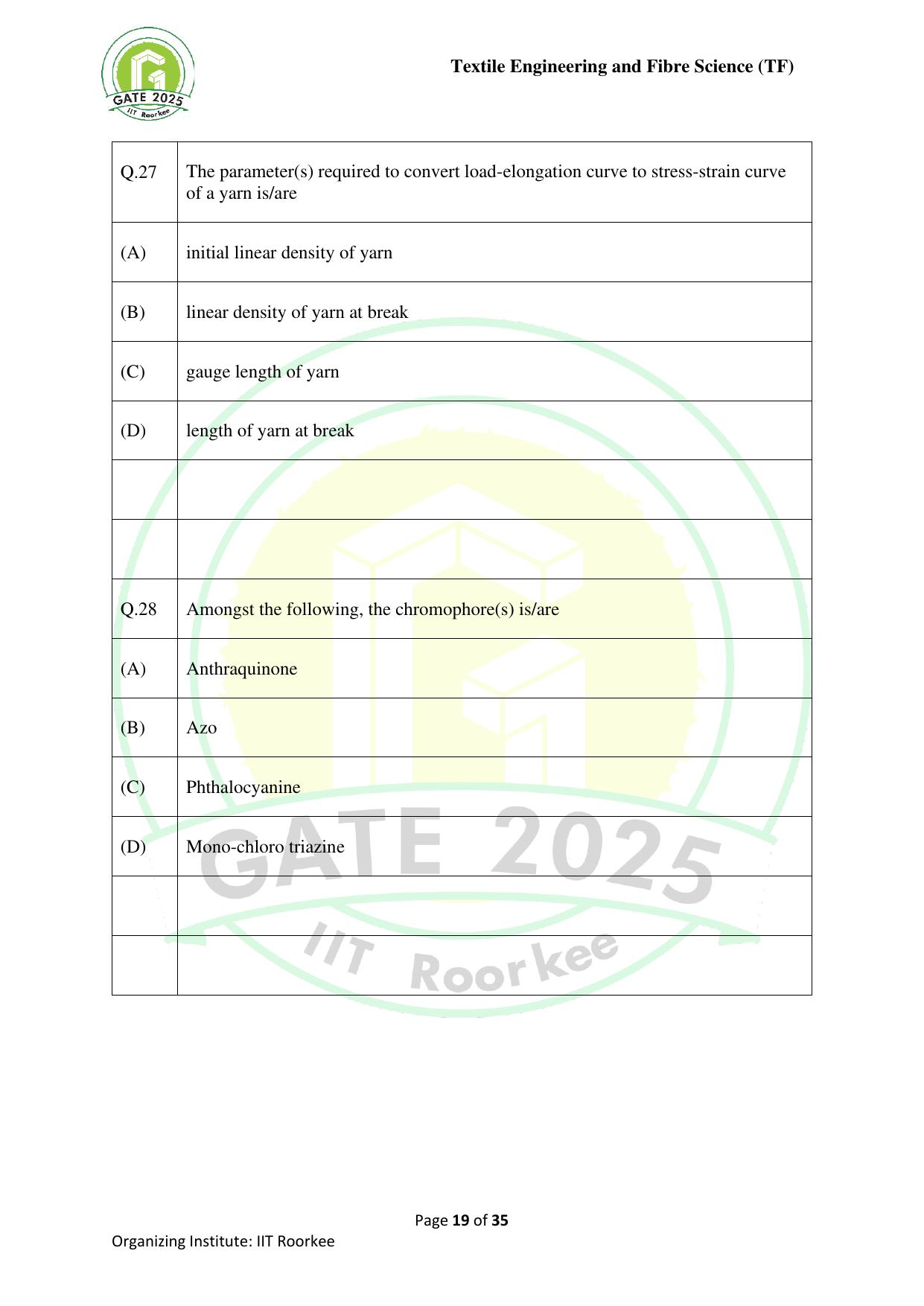 GATE 2025 Textile Engineering and Fibre Science (TF) Question Paper - Page 19