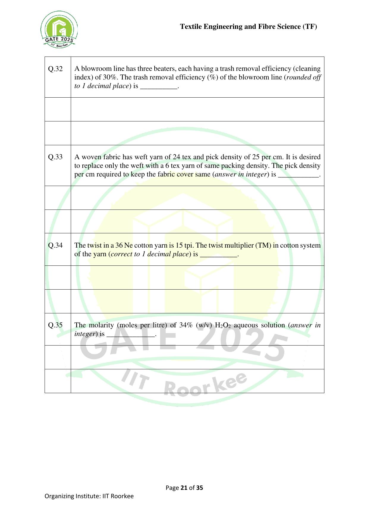 GATE 2025 Textile Engineering and Fibre Science (TF) Question Paper - Page 21