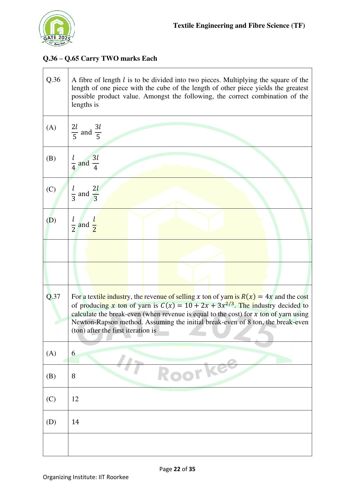GATE 2025 Textile Engineering and Fibre Science (TF) Question Paper - Page 22