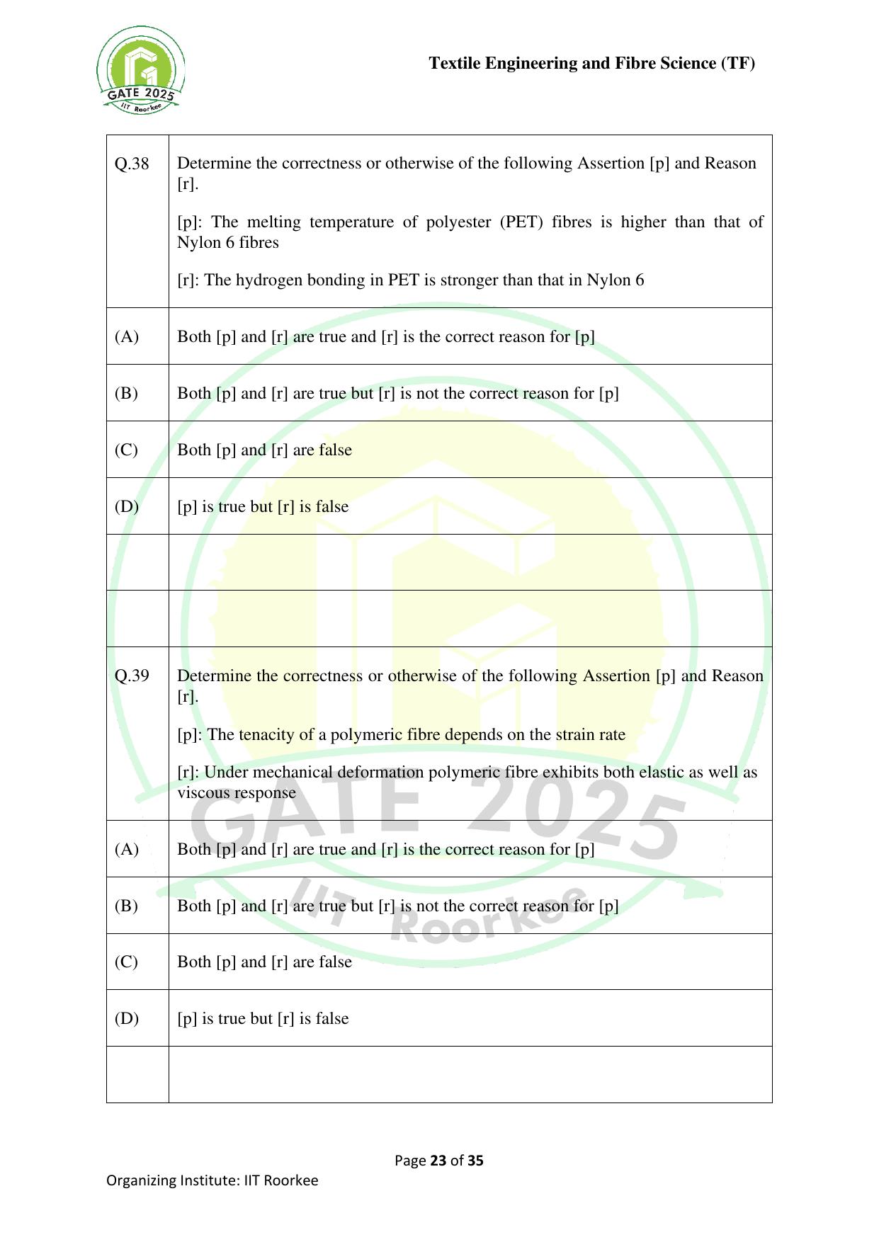 GATE 2025 Textile Engineering and Fibre Science (TF) Question Paper - Page 23