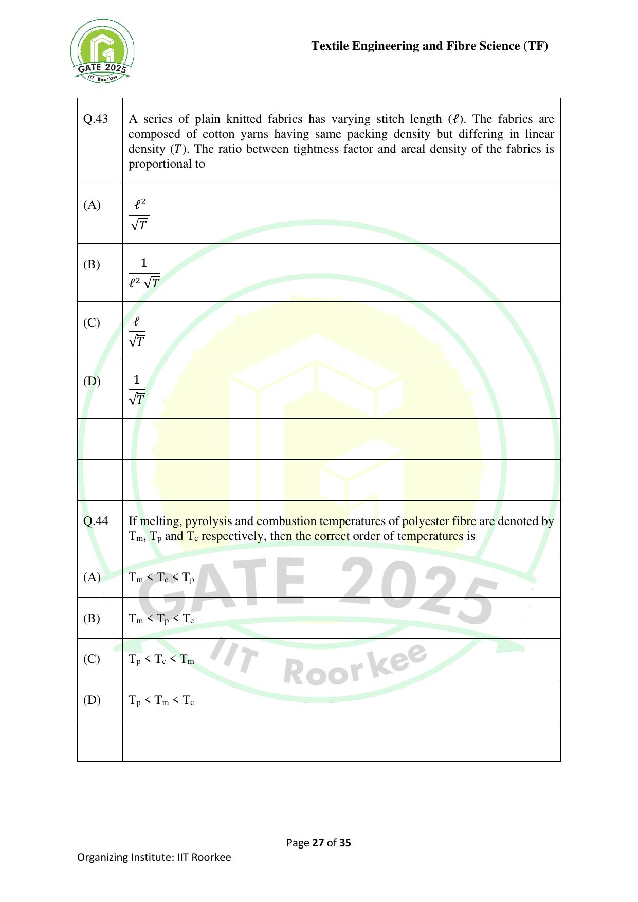 GATE 2025 Textile Engineering and Fibre Science (TF) Question Paper - Page 27