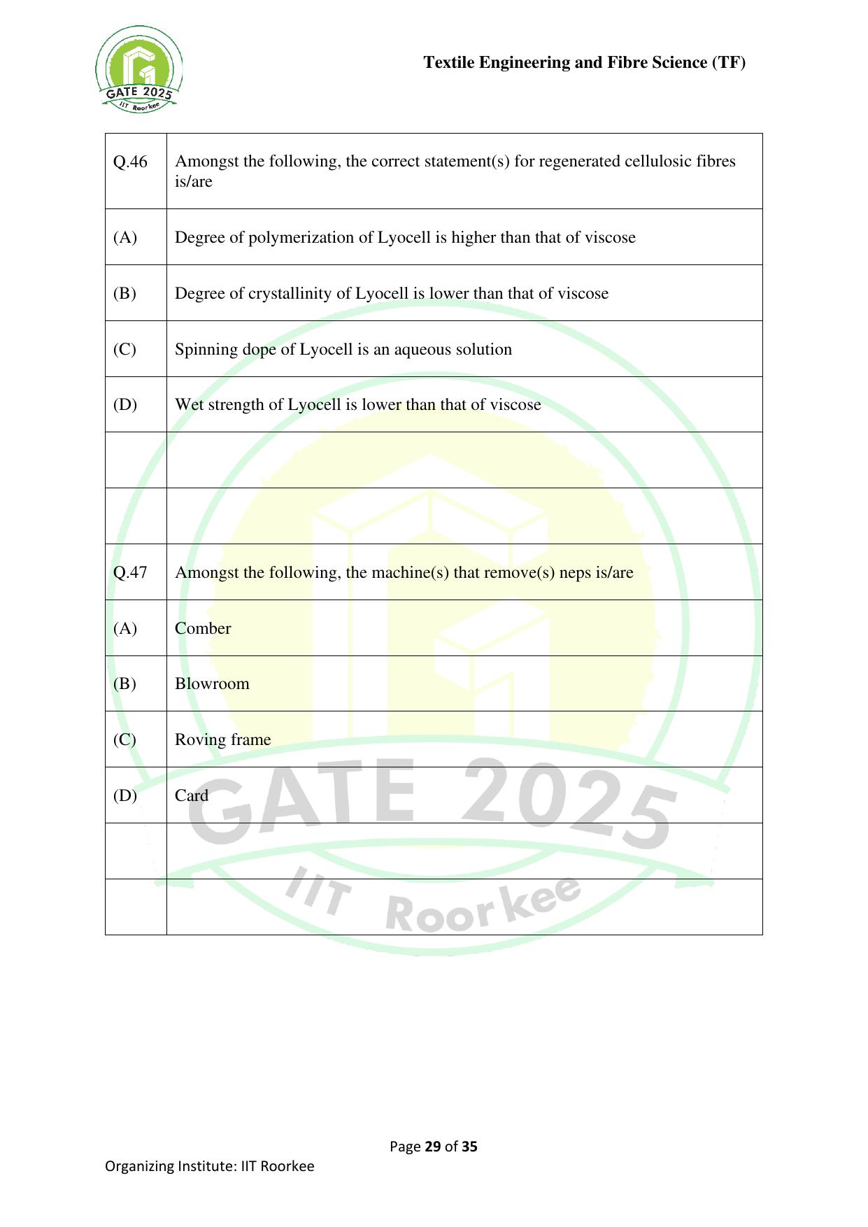 GATE 2025 Textile Engineering and Fibre Science (TF) Question Paper - Page 29