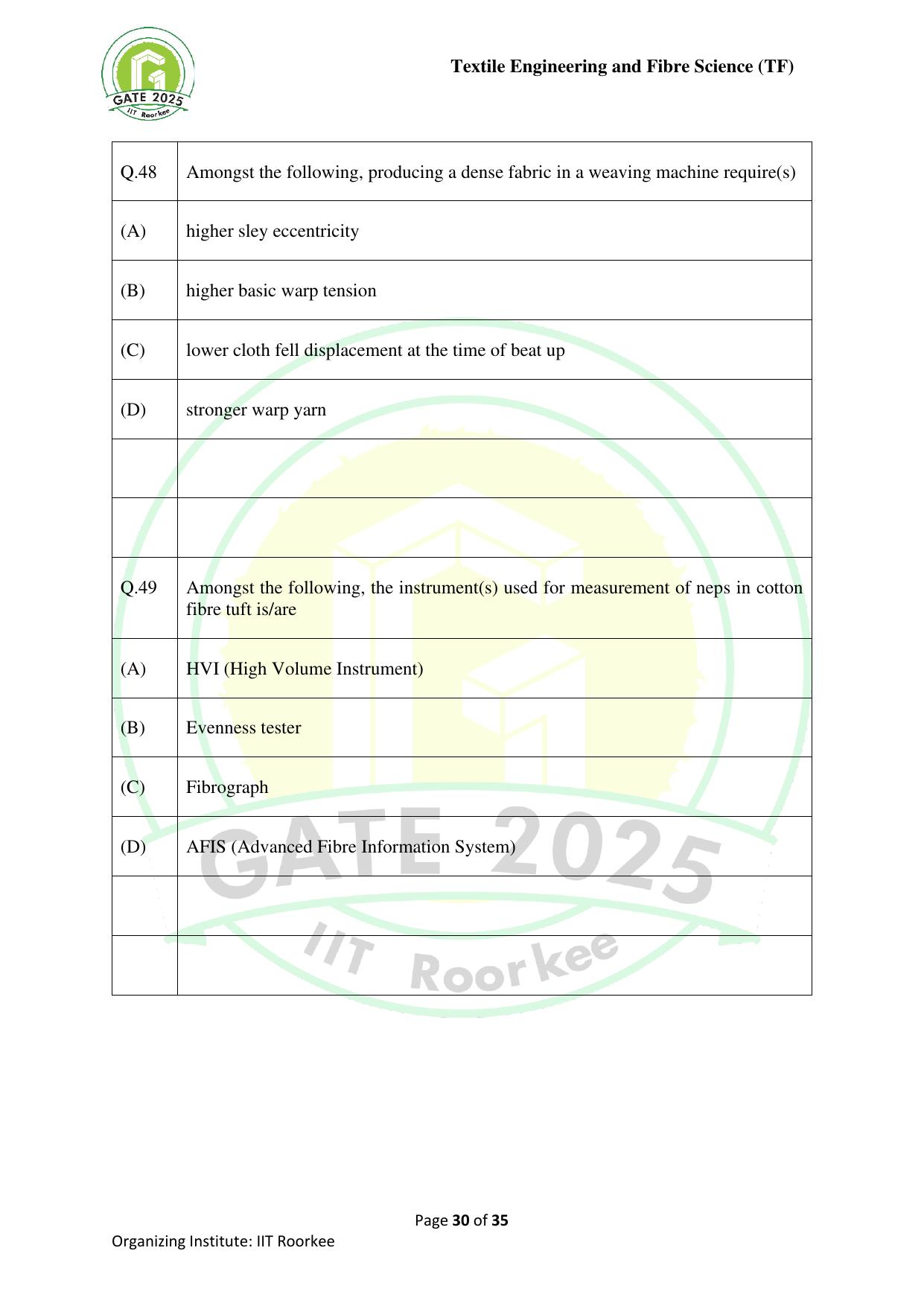 GATE 2025 Textile Engineering and Fibre Science (TF) Question Paper - Page 30