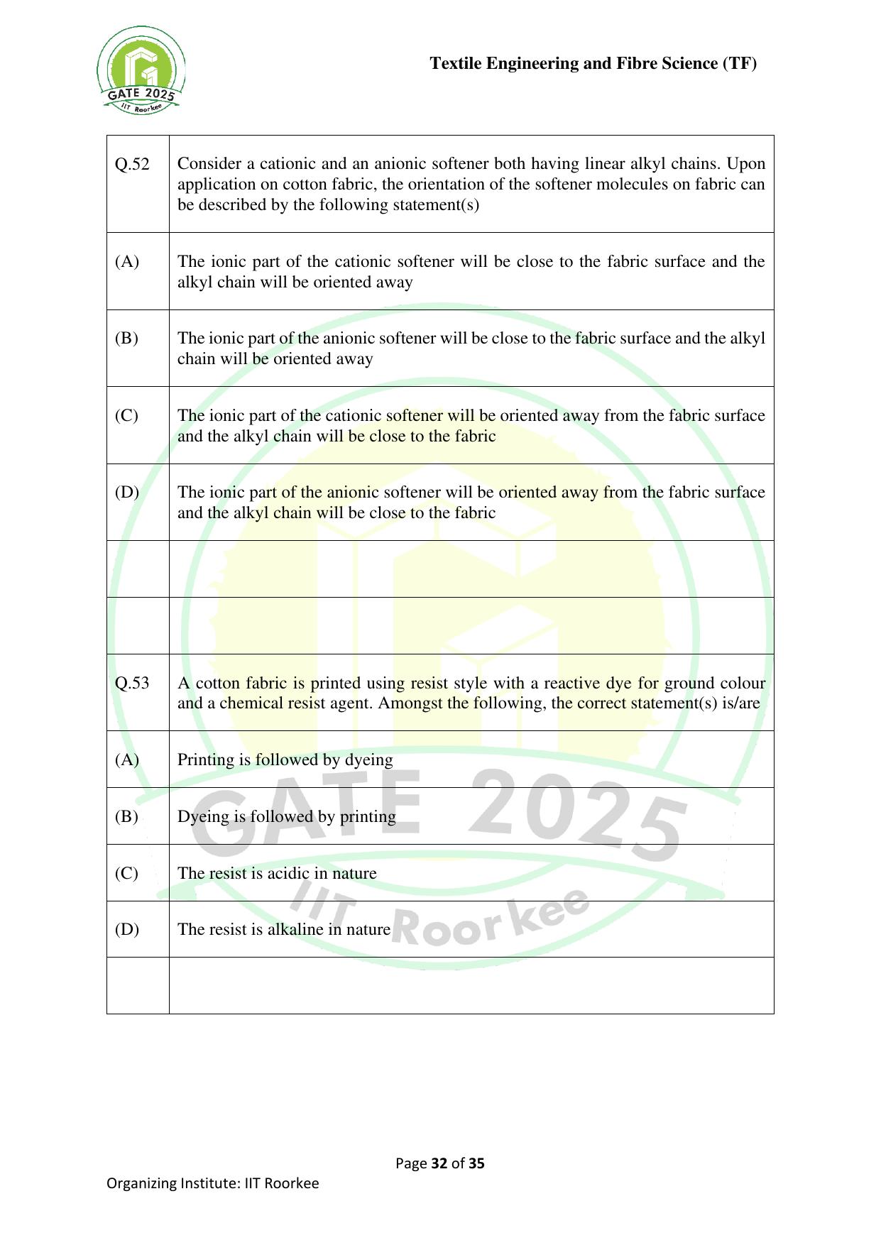 GATE 2025 Textile Engineering and Fibre Science (TF) Question Paper - Page 32