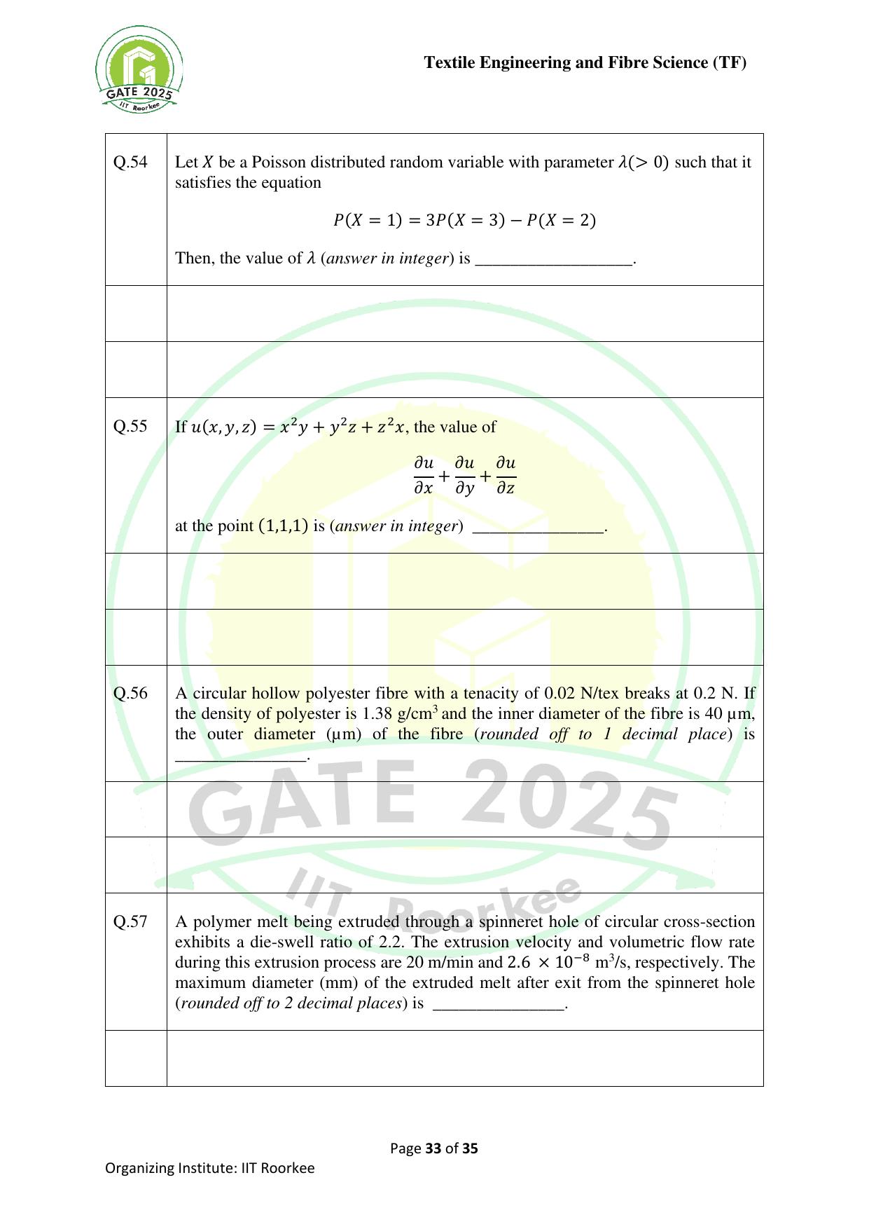 GATE 2025 Textile Engineering and Fibre Science (TF) Question Paper - Page 33