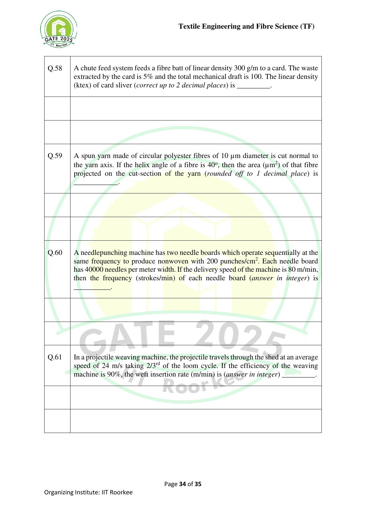 GATE 2025 Textile Engineering and Fibre Science (TF) Question Paper - Page 34