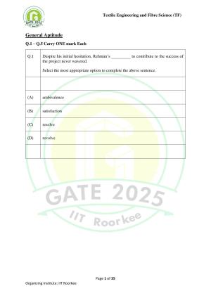GATE 2025 Textile Engineering and Fibre Science (TF) Question Paper