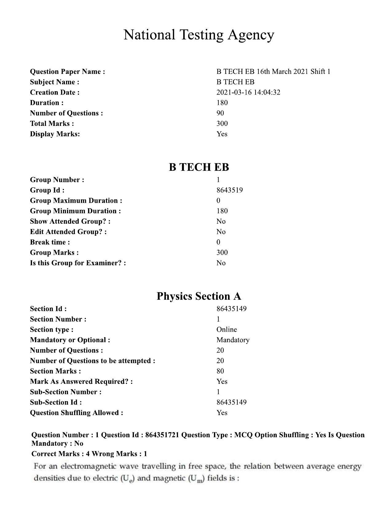 JEE Mains 2021:BTech EB (Shift 1) 16-03-2021 Question Paper - Page 1