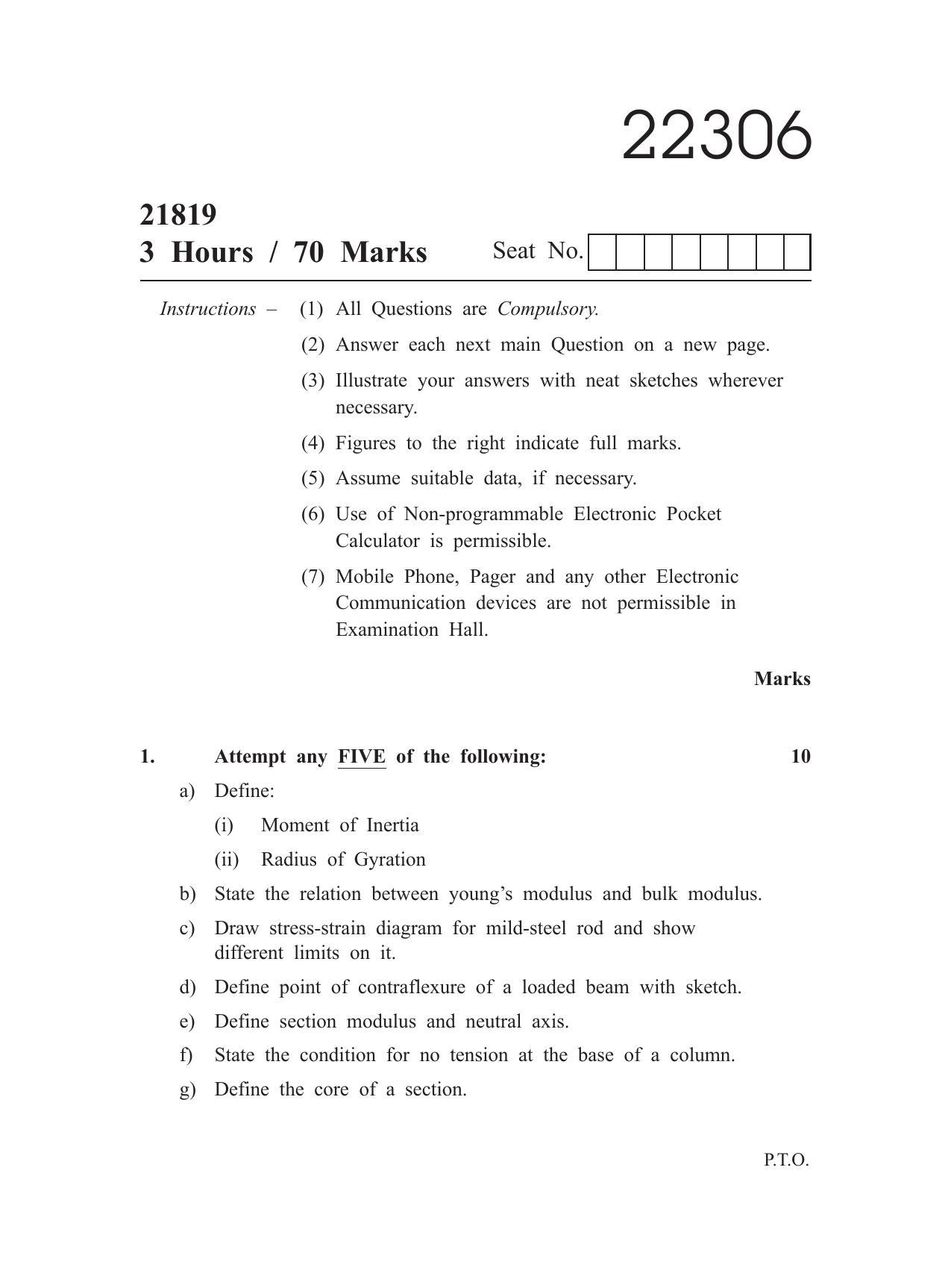 MSBTE Summer Question Paper 2019 - Strength of Materials - Page 1
