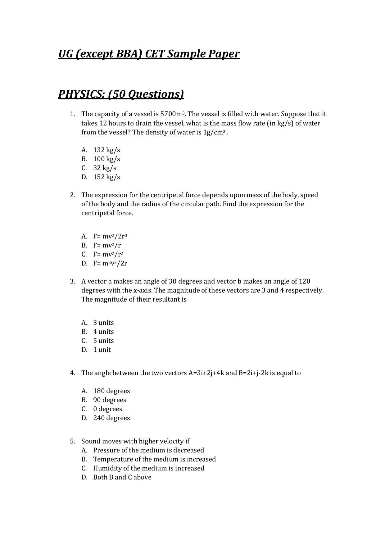 UG - Physics - IMU CET Model Question Papers - CET (Set-II) - Page 1