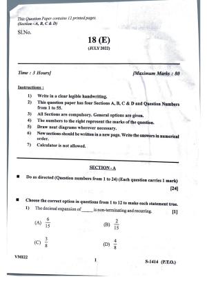 Gujarat Board Class 10th Basic Maths Eng. Med. July 2022 Question Paper