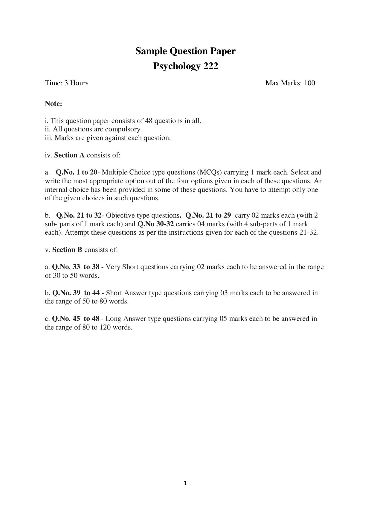 NIOS Class 10 Psychology (222) Sample Paper - Page 1
