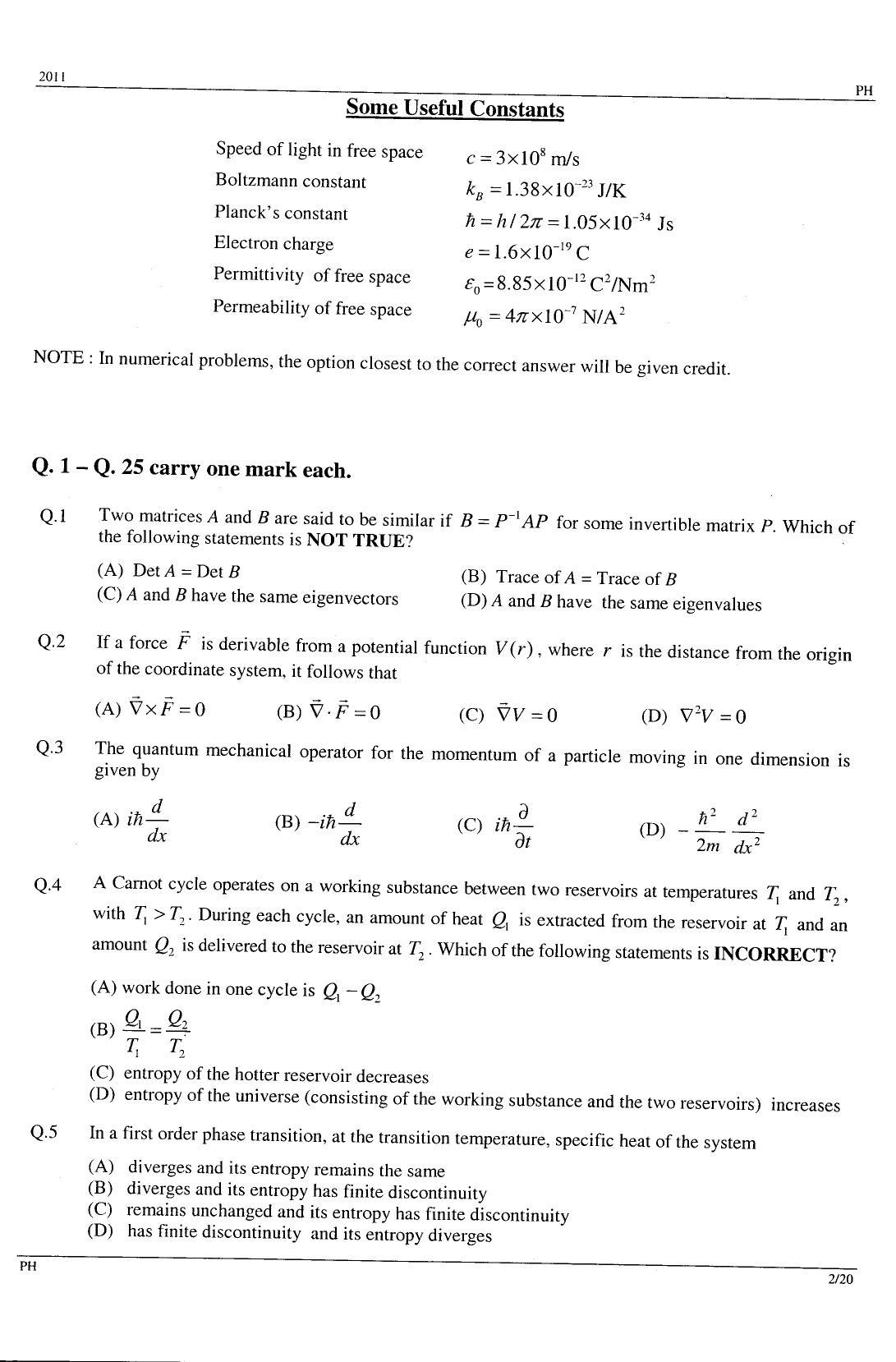 GATE 2011 Physics (PH) Question Paper with Answer Key - Page 2
