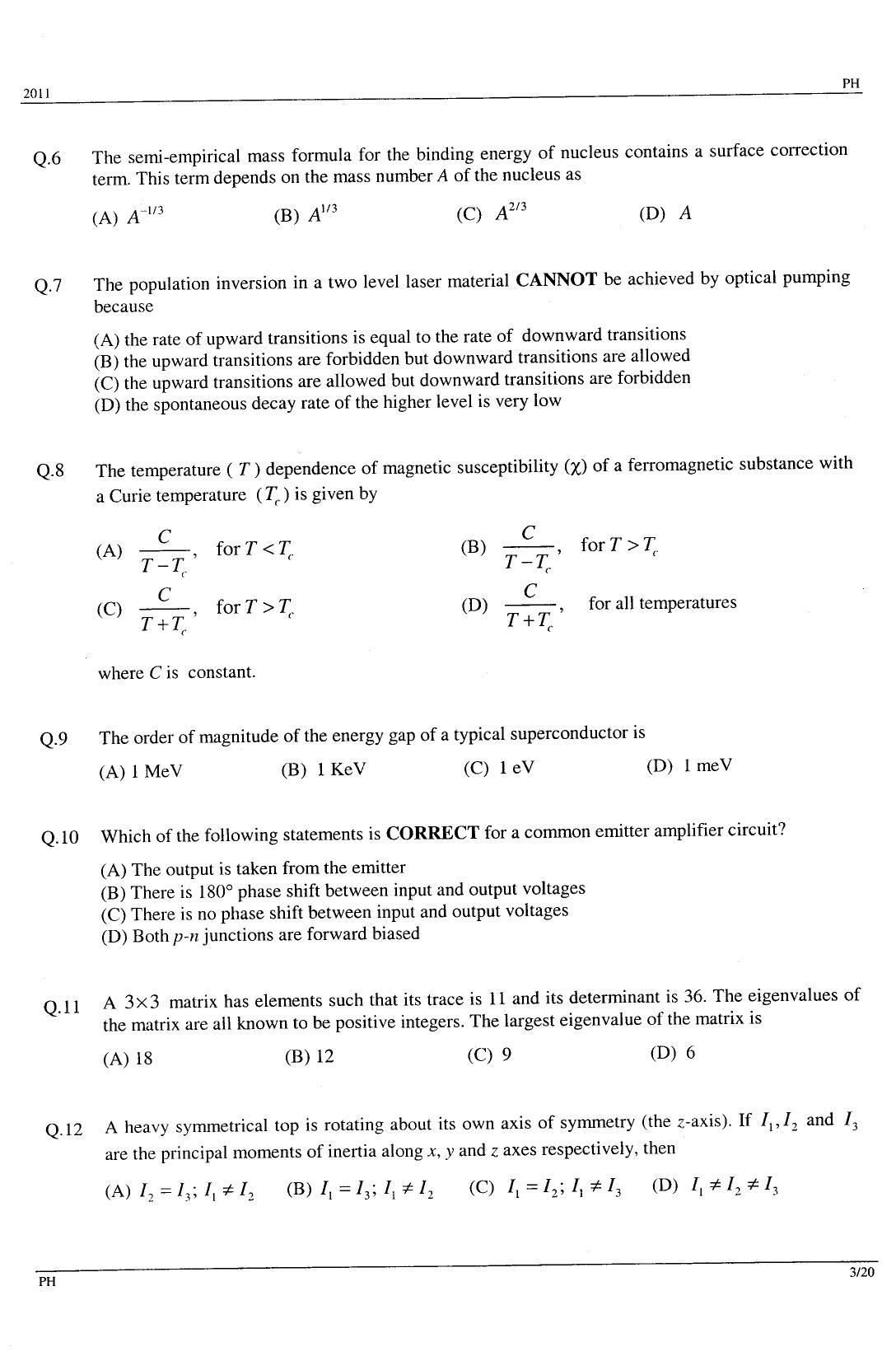 GATE 2011 Physics (PH) Question Paper with Answer Key - Page 3