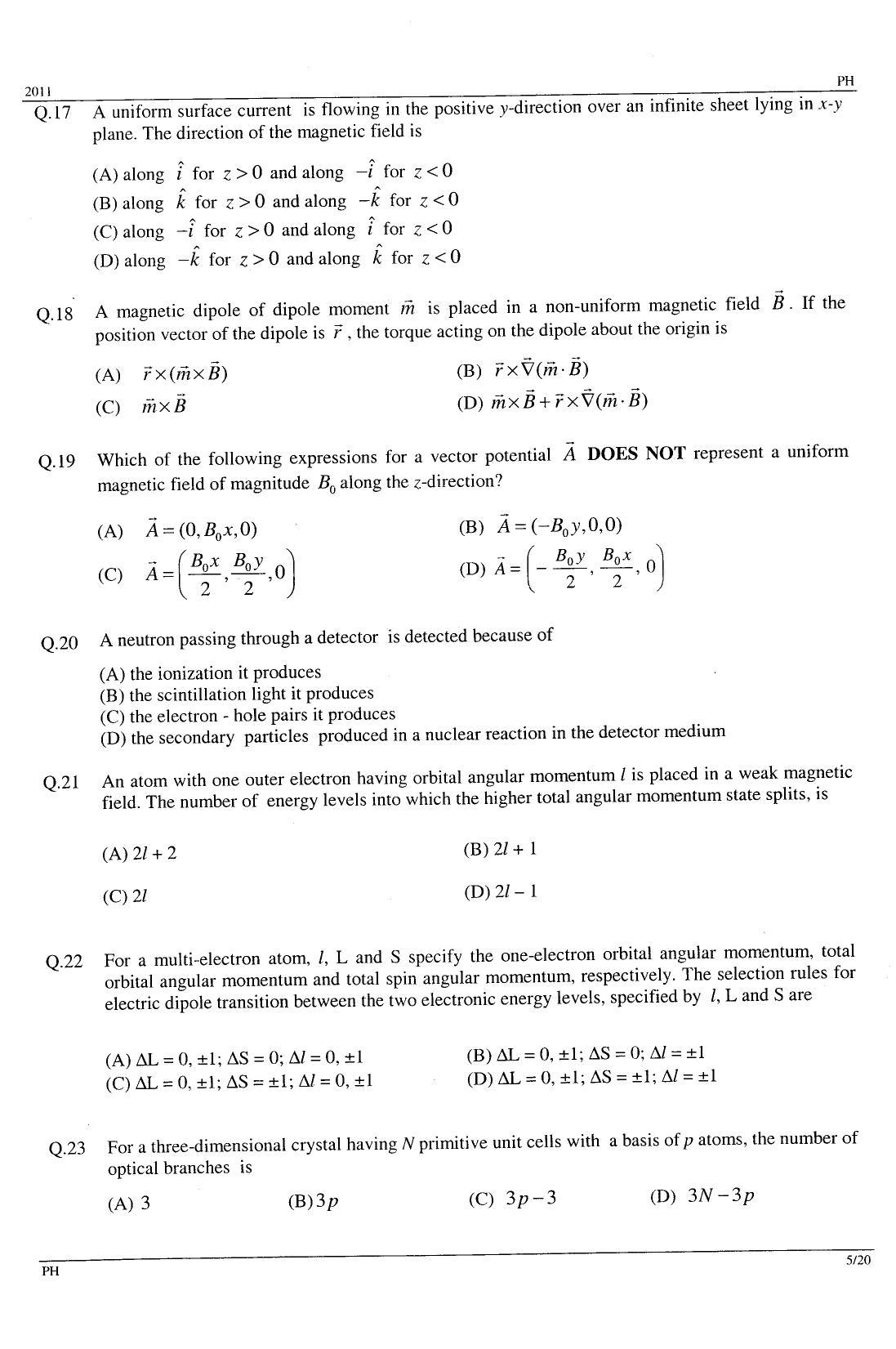 GATE 2011 Physics (PH) Question Paper with Answer Key - Page 5