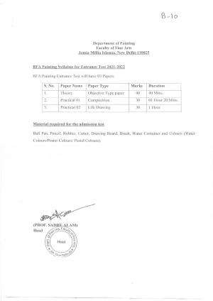 JMI Entrance Exam B10-B.F.A. (Painting) Syllabus