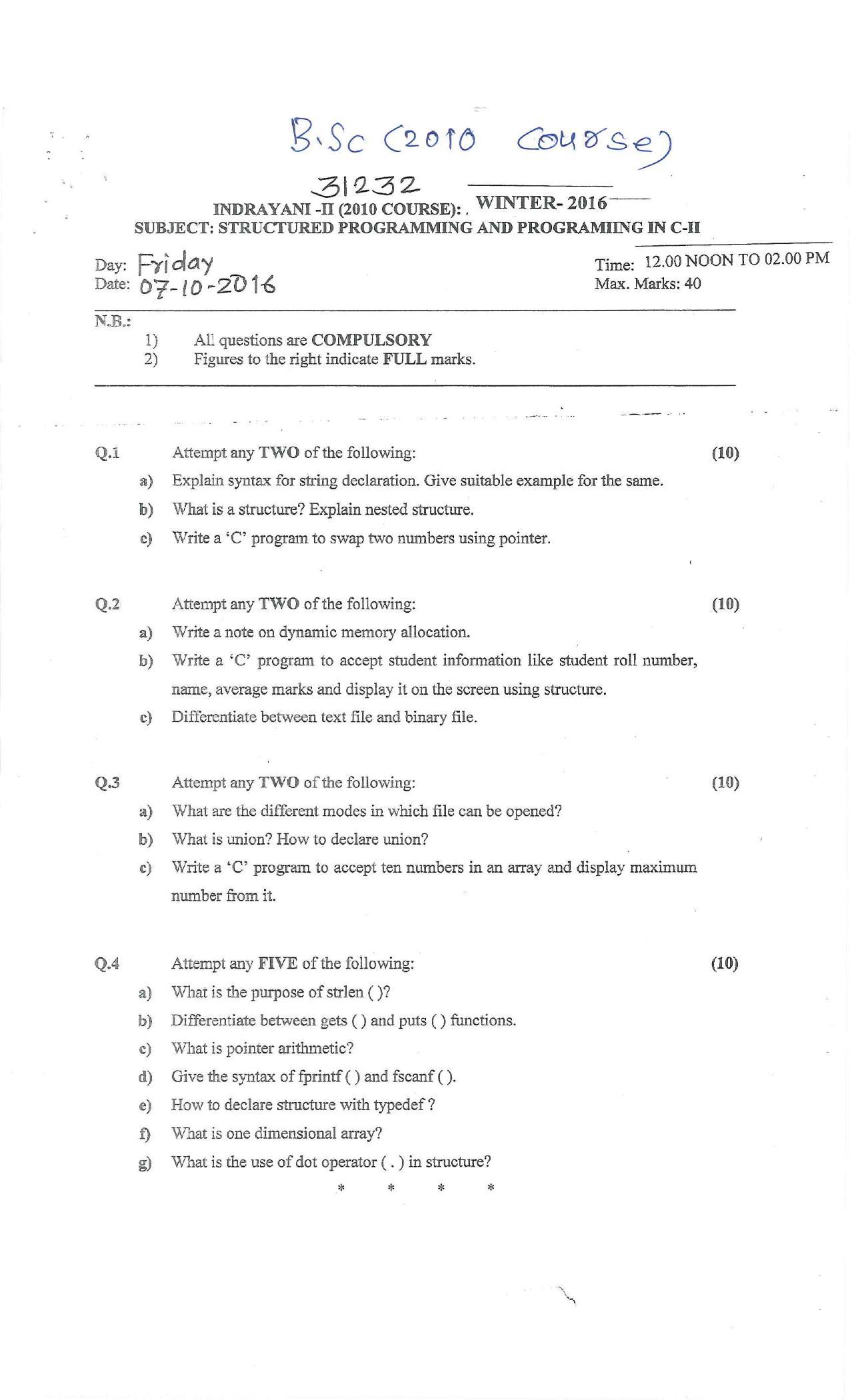 Bharati Vidyapeeth B.SC. 2010 COURSE (SEM – II) V VI Question Paper - Page 1