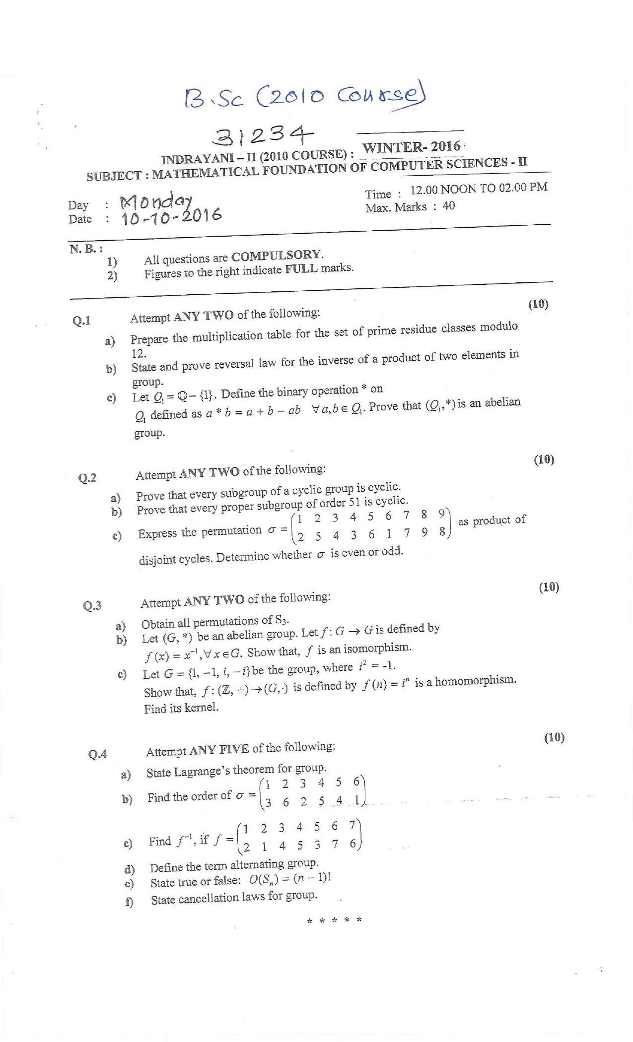Bharati Vidyapeeth B.SC. 2010 COURSE (SEM – II) V VI Question Paper - Page 17