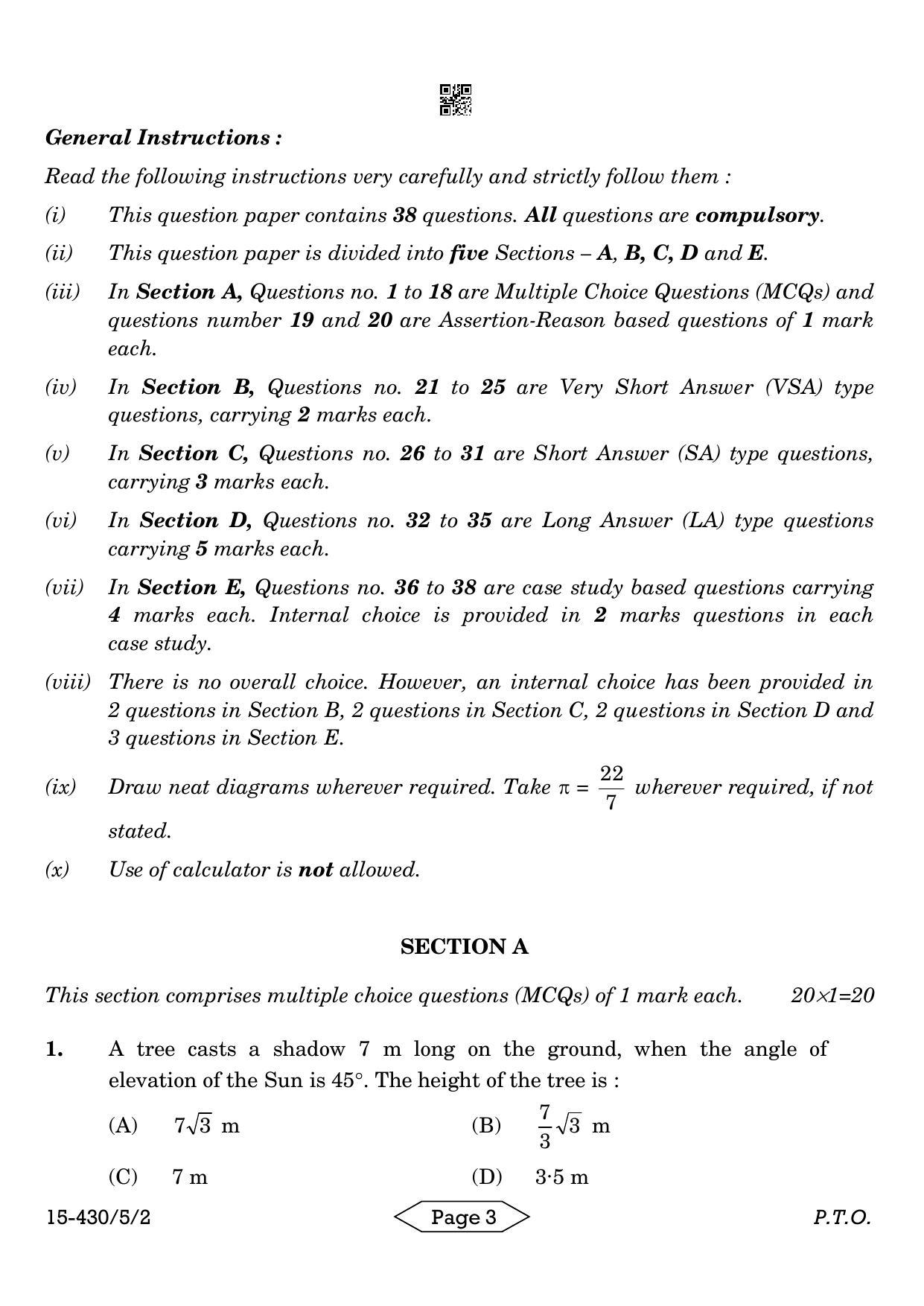 CBSE Class 10 430-5-2 Mathematics Basic 2024 Question Paper - Page 3