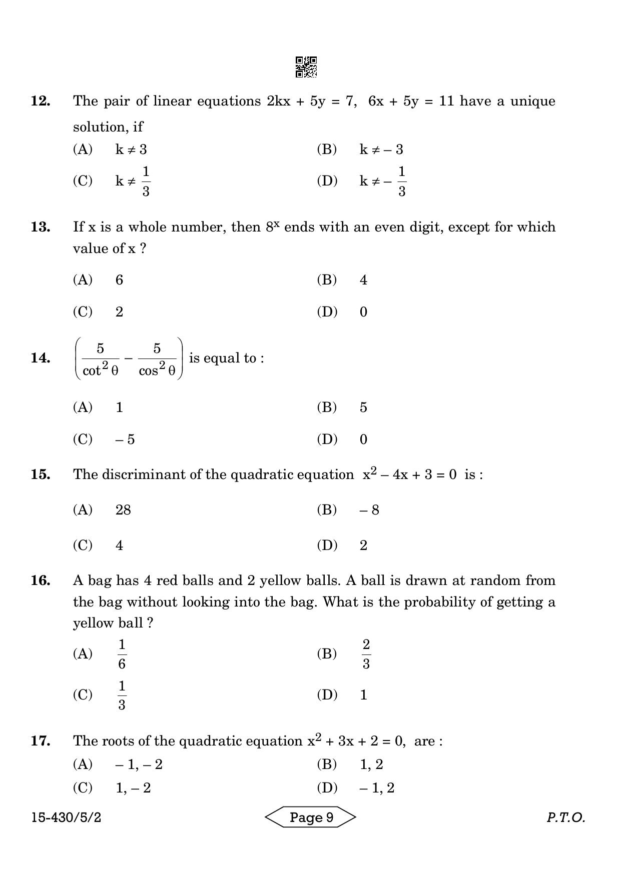 CBSE Class 10 430-5-2 Mathematics Basic 2024 Question Paper - Page 9