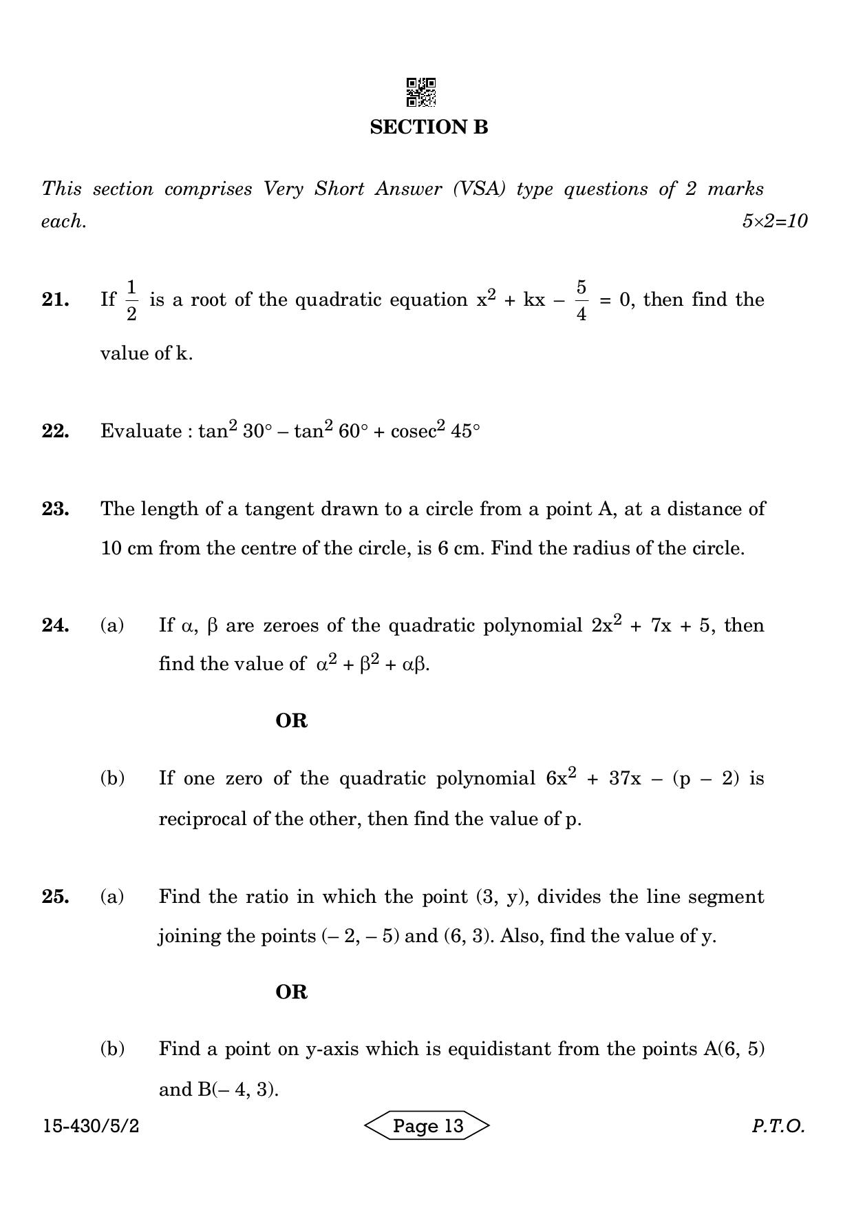 CBSE Class 10 430-5-2 Mathematics Basic 2024 Question Paper - Page 13