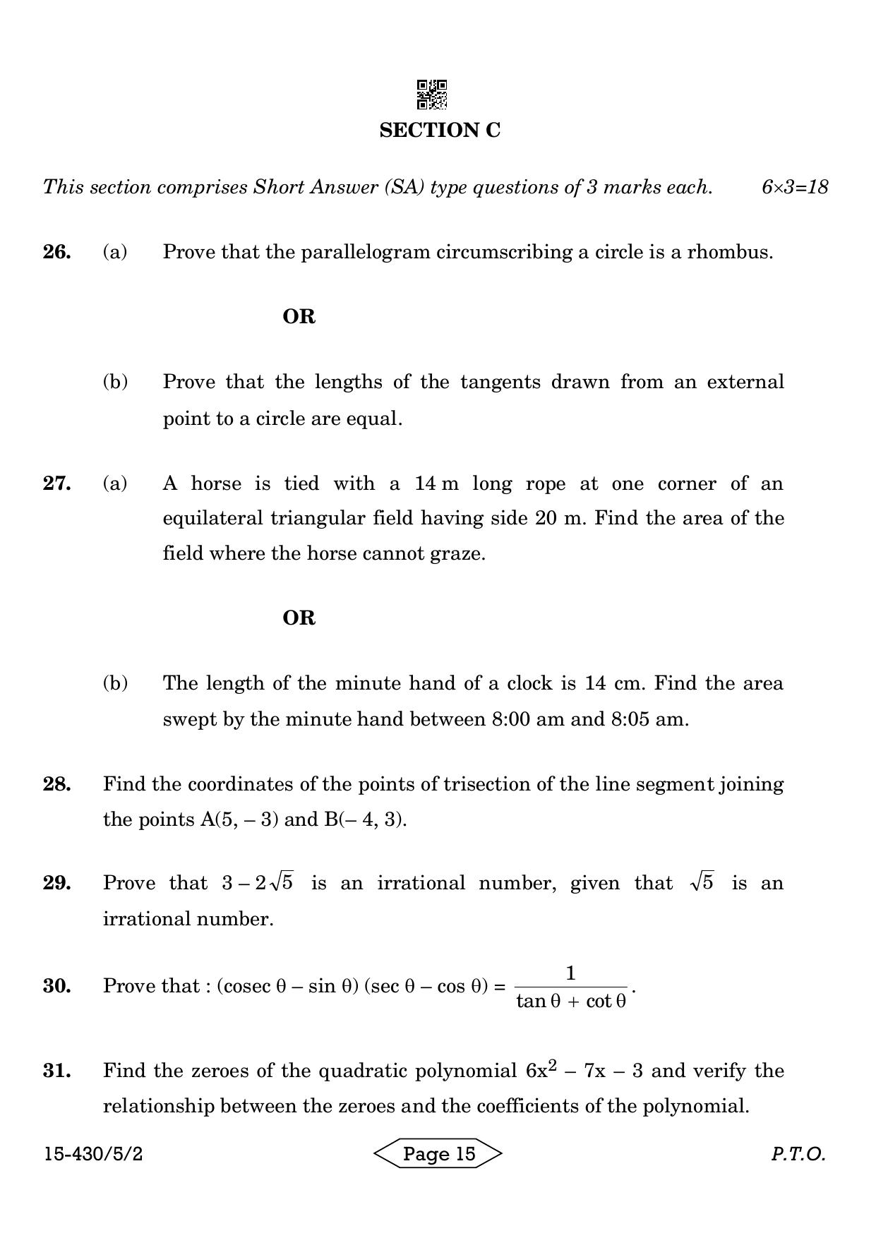 CBSE Class 10 430-5-2 Mathematics Basic 2024 Question Paper - Page 15