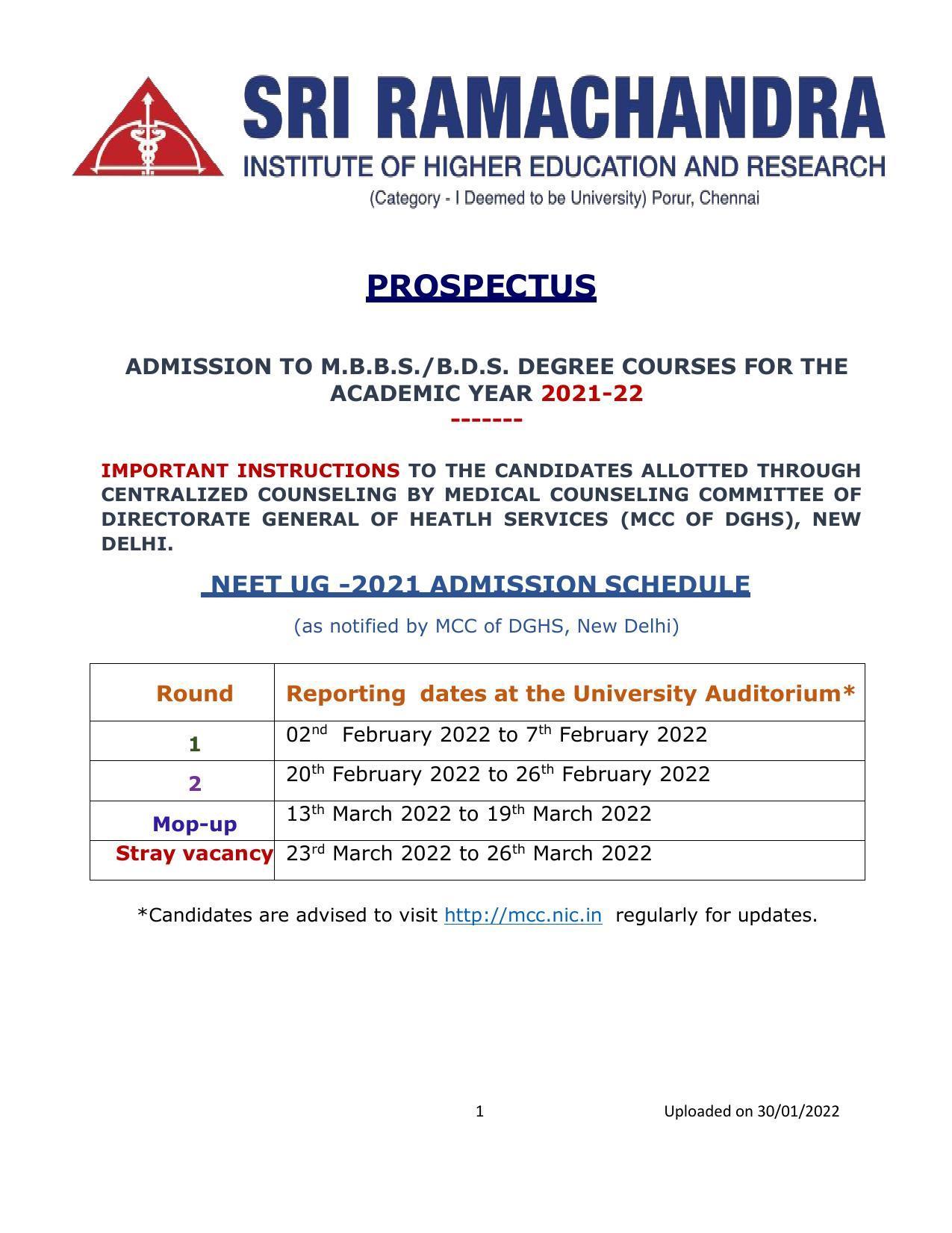 Sri Ramachandra University,Chennai ADMISSION TO M.B.B.S./B.D.S. DEGREE Prospectus 2021-22 - Page 1