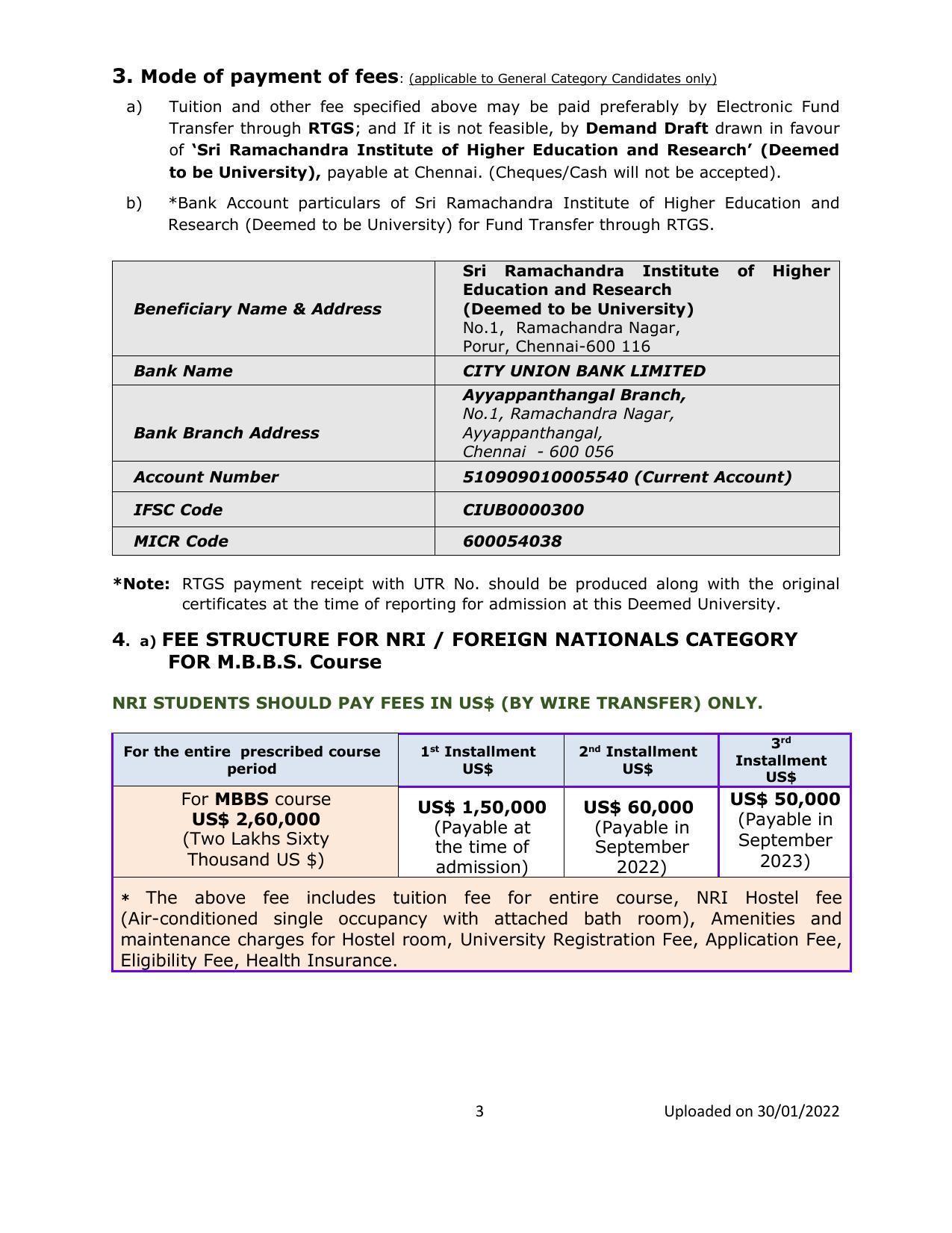 Sri Ramachandra University,Chennai ADMISSION TO M.B.B.S./B.D.S. DEGREE Prospectus 2021-22 - Page 3